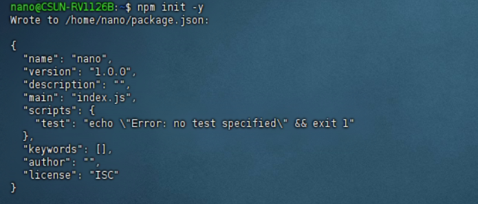 図2-4 npm 初期化後の package.json 生成結果