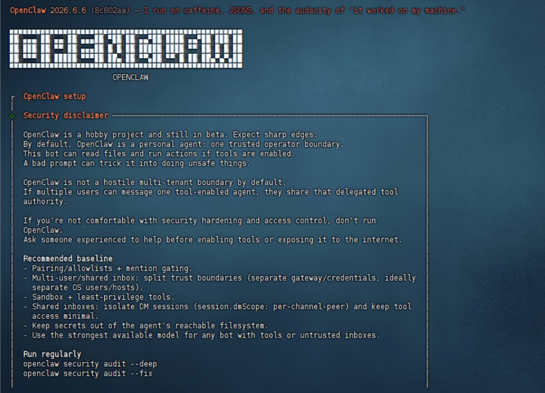 図3-1 OpenClaw onboard 起動時のセキュリティ確認画面
