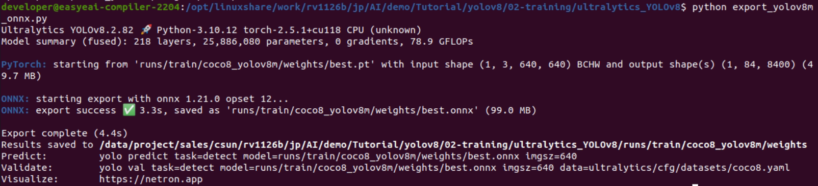 YOLOv8m ONNX変換の端末出力